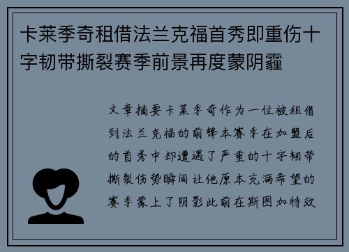 卡莱季奇租借法兰克福首秀即重伤十字韧带撕裂赛季前景再度蒙阴霾 卡莱季奇租借法兰克福首秀即重伤十字韧带撕裂赛季前景再度蒙阴霾